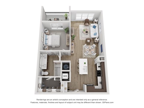 A floor plan of a small apartment with a kitchen, living room, and bathroom.